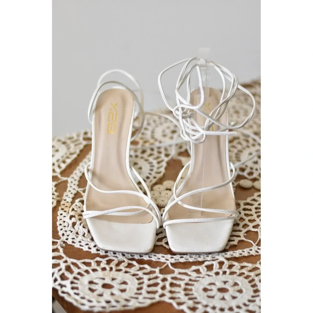 B2X Women‎ White Lace Up Strappy Square Toe Stiletto High Heel Sandals Size 7.5